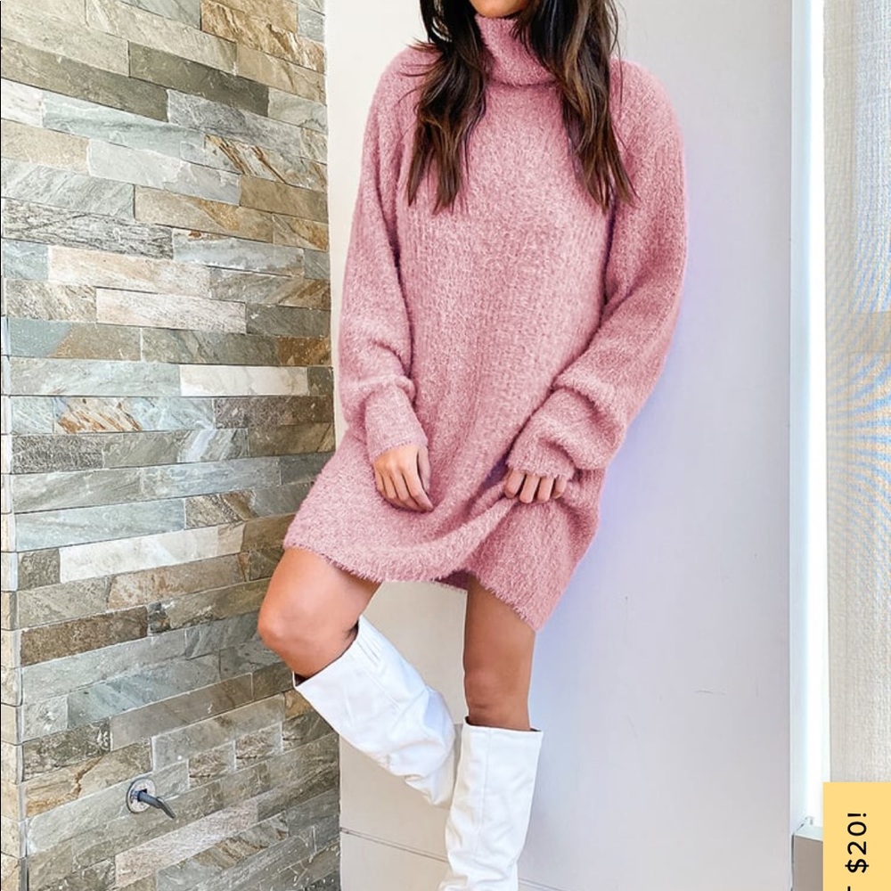 Sweet Whispers Mauve Multi Eyelash Knit Turtleneck Sweater Dress, LULUS